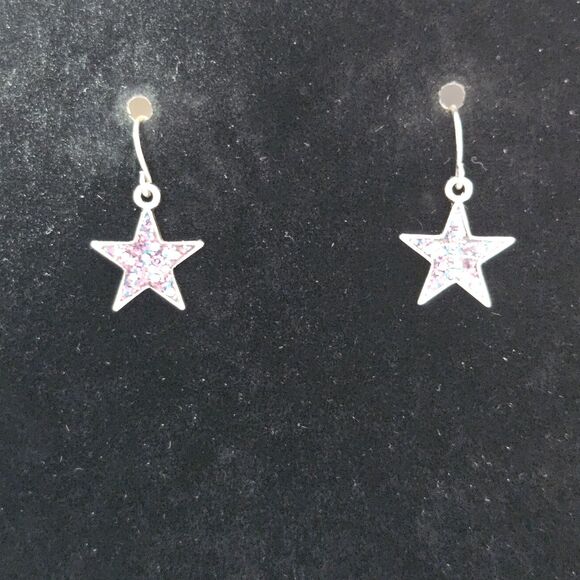 Silver Tone Dainty Pink Glitter Inlay Stars Dangling Earrings - Picture 4 of 11